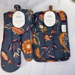 Threshold 2pc Oven Mitt and Potholder Set Blue Floral Cottagecore Boho NWT